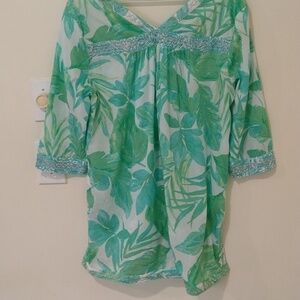 Christian Soriano tropical blue beachy Green cotton voile tunic top blouse M